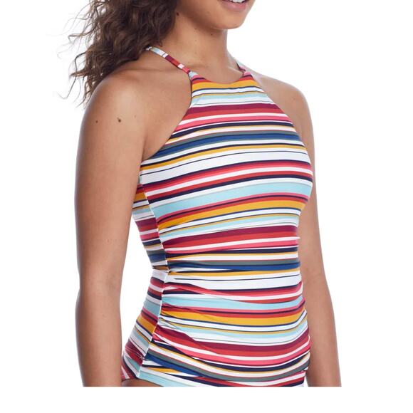 Anne Cole Boardwalk Stripe High-Neck Multi Blue & Pink Swim Tankini Top XS NWT - Picture 3 of 4